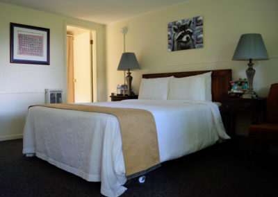 hotel room with queen bed and paintings