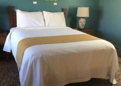hotel room with queen bed and two paintings of animals above